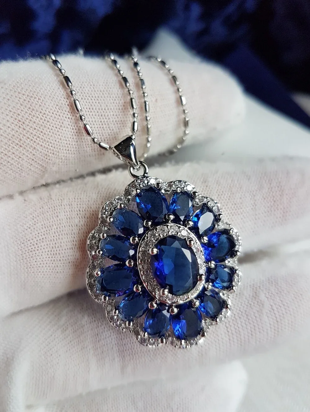 Swarovski Elements Blue Sapphire 925 Sterling Silver Statement Necklace NEW